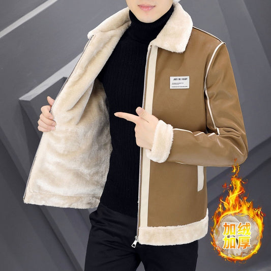 Men's Warm Suede Leather Coat - Velvet Lined Cotton Padded Jacket with Fur Collar