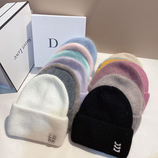 Women's Rabbit Fur Knitted Hat with Buckle - Winter Dome Crown Beanie