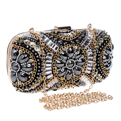 Beaded Embroidery Evening Bag - Rhinestone Clutch Purse with Hard Handle