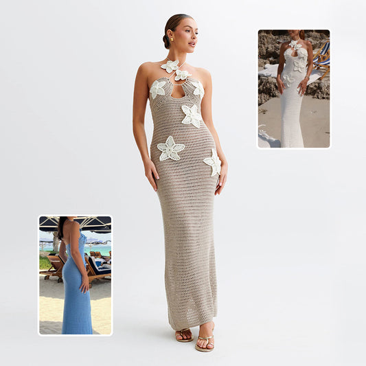 Women's Halter Neck Maxi Dress - Cotton Blend Summer Beach Dress