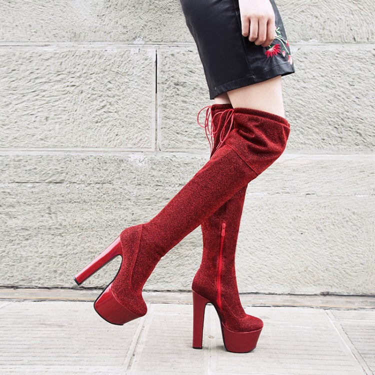 Women's Thigh High Sequined Platform Boots - Bling High Heel Long Boots