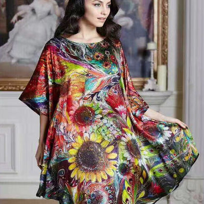 Women's Luxe Silk Bat Sleeve Nightdress - 100% Mulberry Silk Loose Fit Pajama Dress with Inkjet Prints
