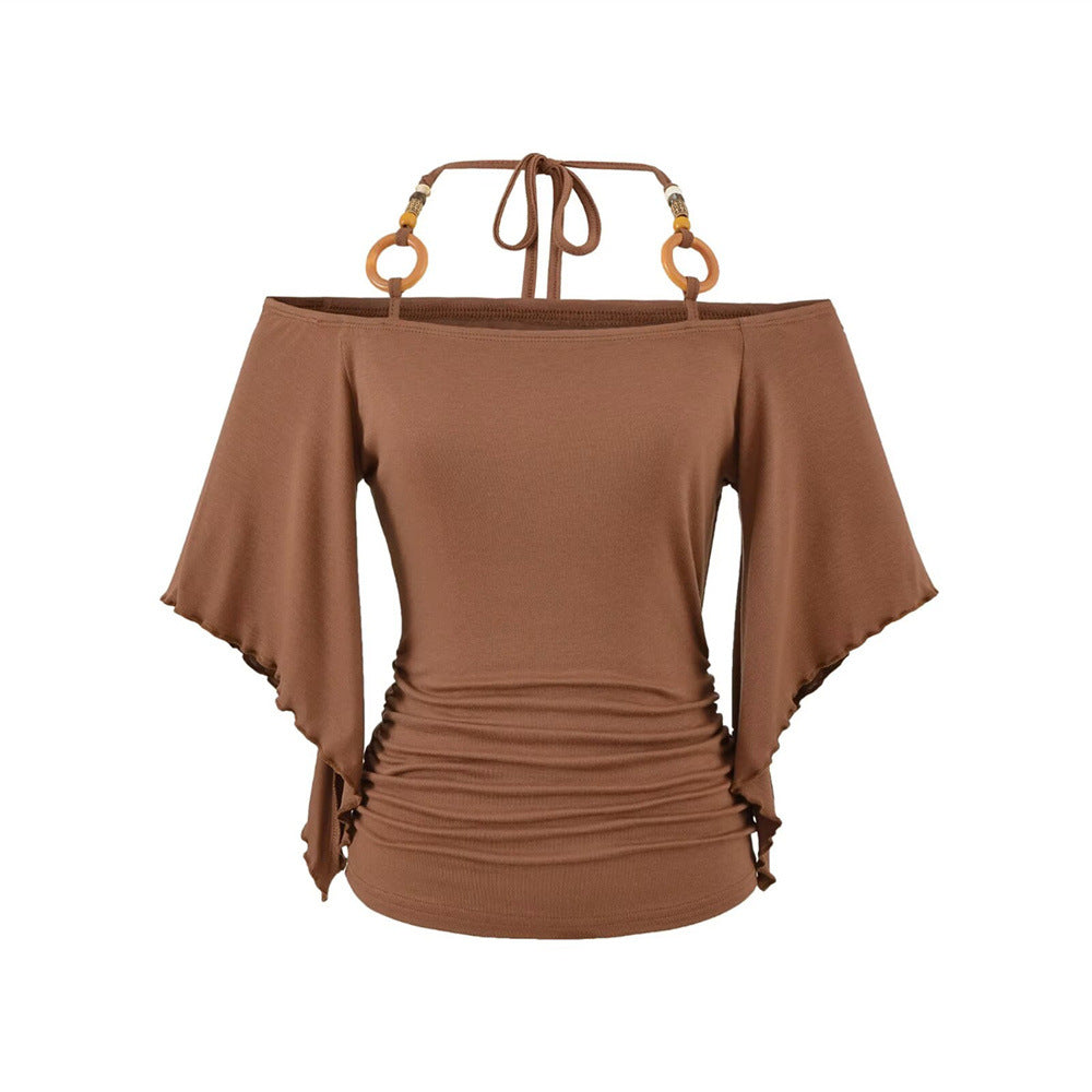 Women's Halter Neck Batwing Sleeve Top - Retro Beaded Style