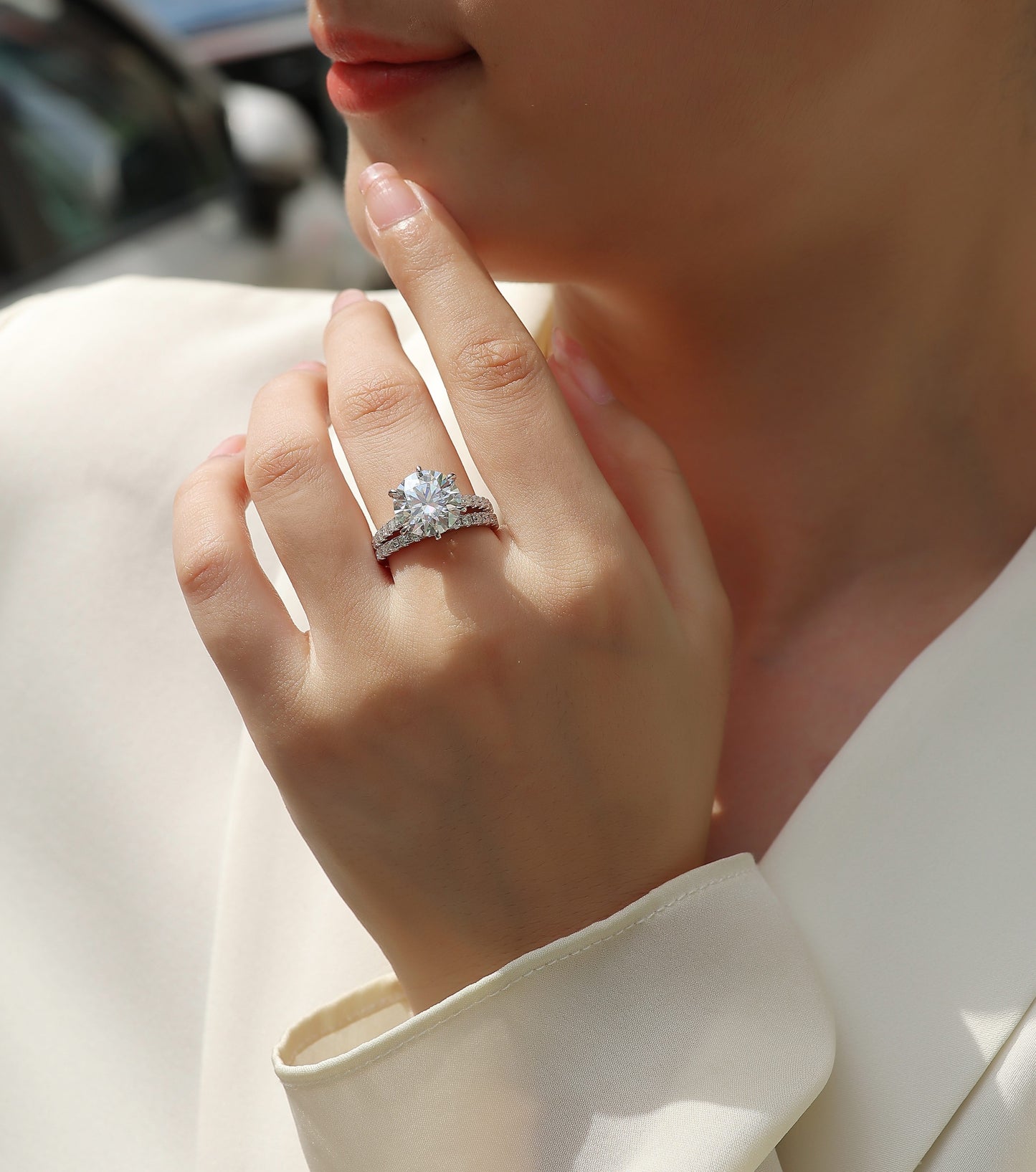 5 Carat Moissanite Sterling Silver Ring - Platinum Plated Wedding Band