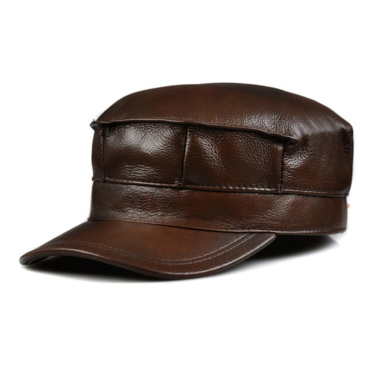 Men's Genuine Leather Octagonal Cap - Premium Cowhide Flat Top Hat