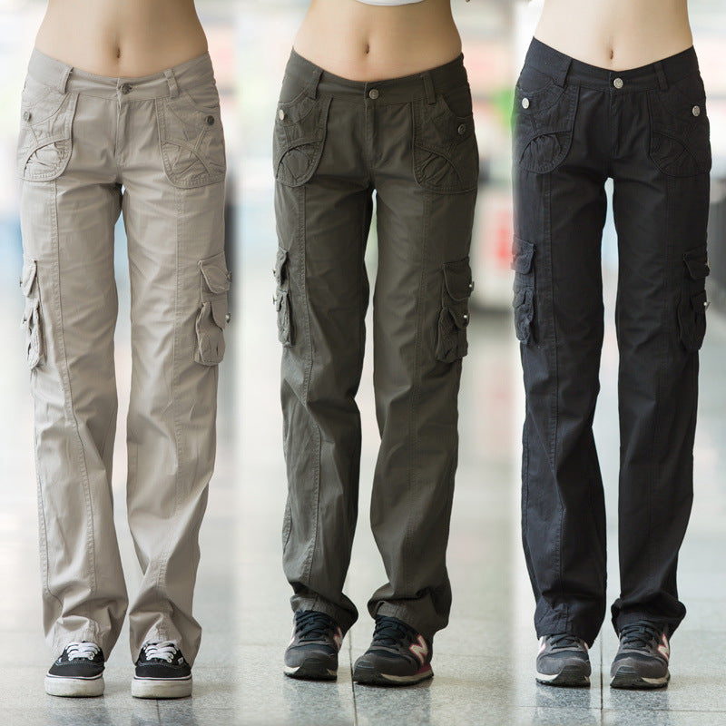 Loose Multi-Pocket Cargo Pants - Women's Straight Leg Cotton Trousers