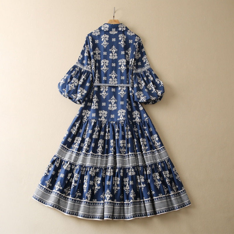 Elegant V-Neck Lantern Sleeve Printed Dress - Cotton Silk Blend