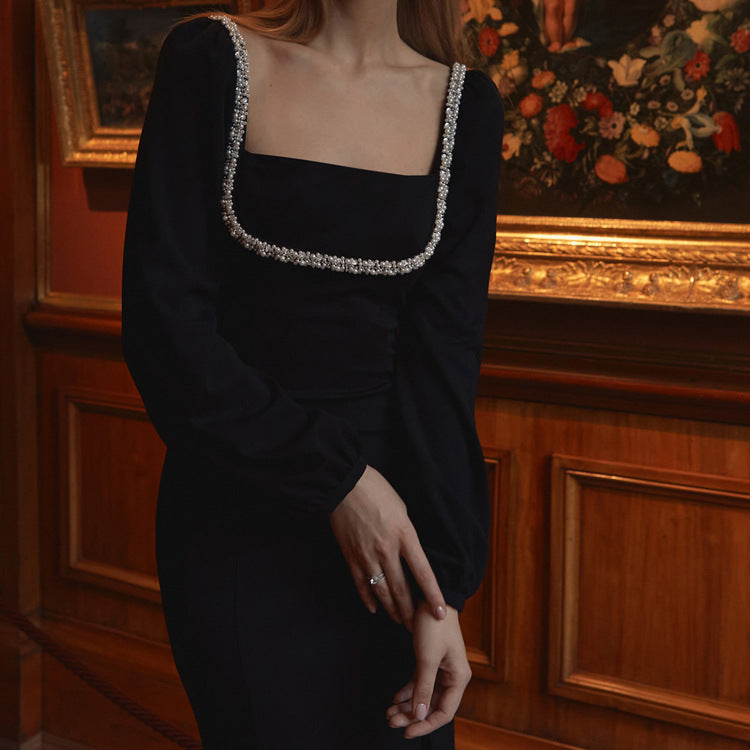 Crystal Embellished Square Neck Bodycon Dress - Long Sleeve Split Hem Evening Dress