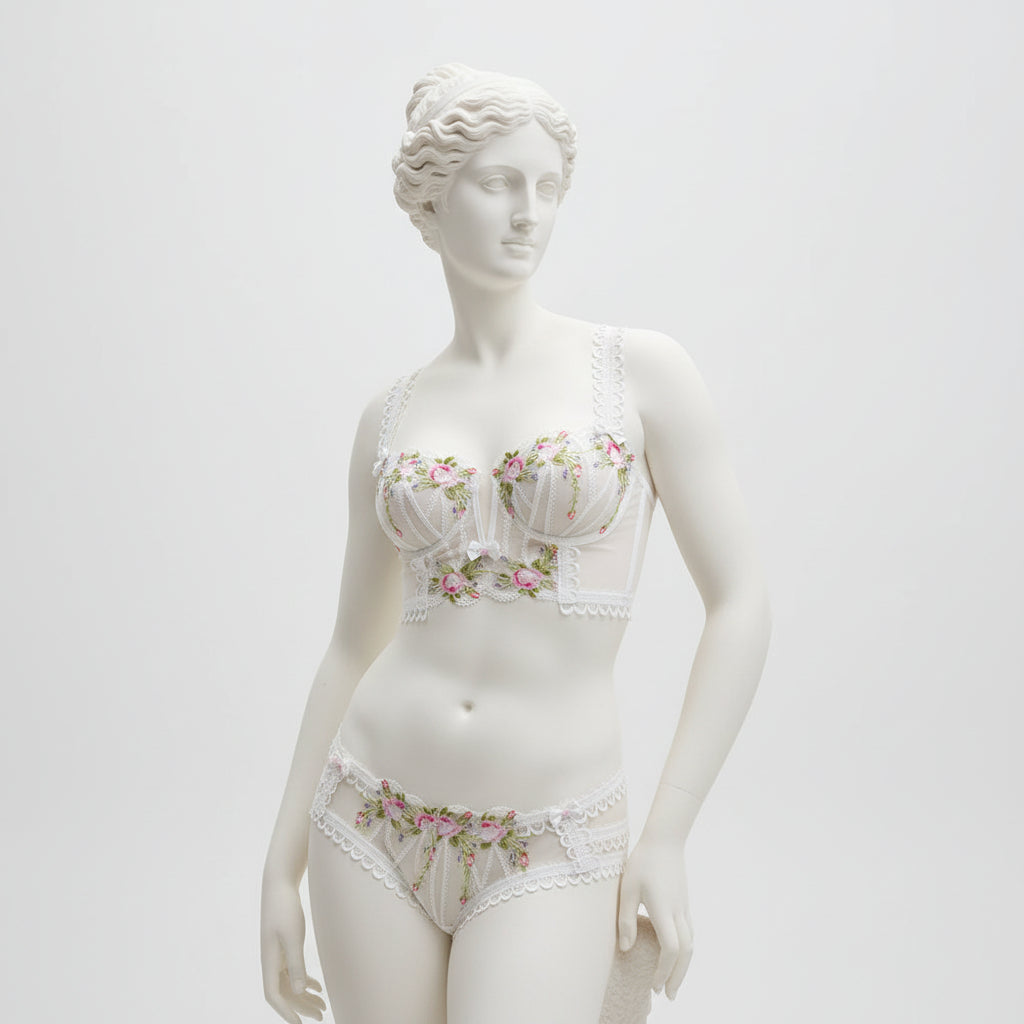 Women's Embroidered Mesh Lingerie Set - High-Density Floral Design Bra and Panty