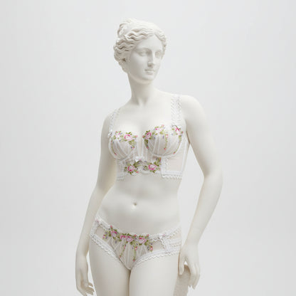 Women's Embroidered Mesh Lingerie Set - High-Density Floral Design Bra and Panty