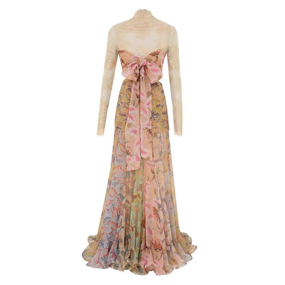 Women's Silk Ribbon Ruffled Long Skirt Dress - Lace-Up Style with Low Waist