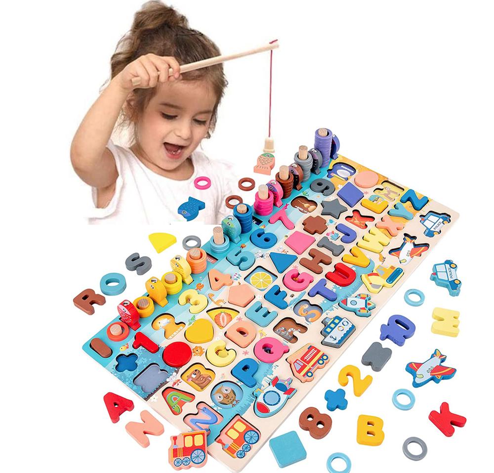 Montessori Wooden Educational Toy - Math & Fishing Board for Kids Ages 1-3 Years