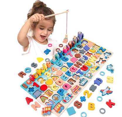 Montessori Wooden Educational Toy - Math & Fishing Board for Kids Ages 1-3 Years