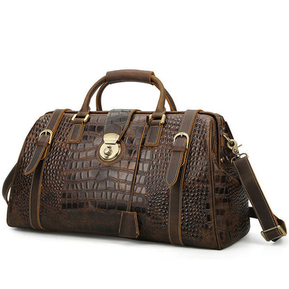 Men's First Layer Cowhide Leather Travel Bag - European American Style with Crocodile Embossed Pattern