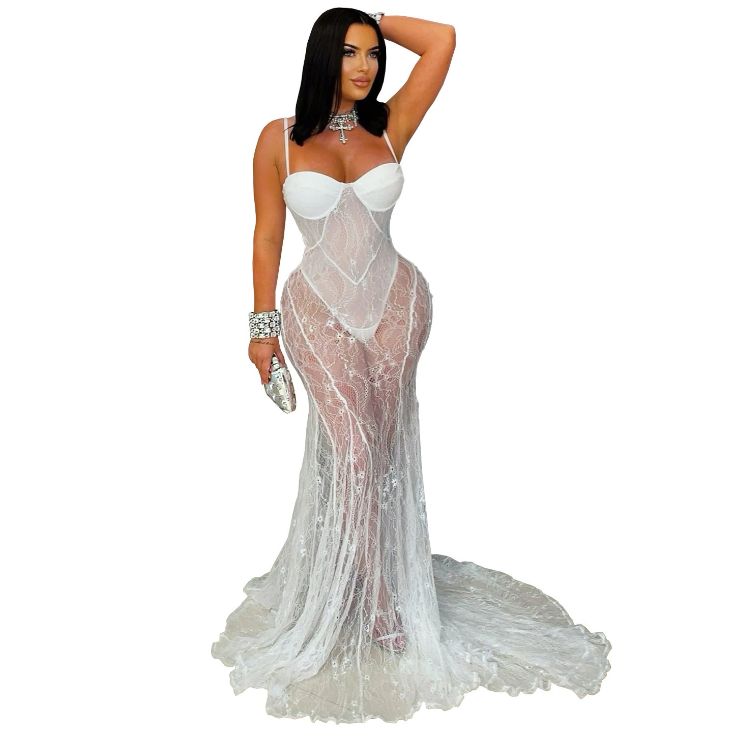Women's Lace Sling Dress - Elegant Sleeveless Fishtail Skirt with See-Through Detail