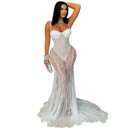 Women's Lace Sling Dress - Elegant Sleeveless Fishtail Skirt with See-Through Detail