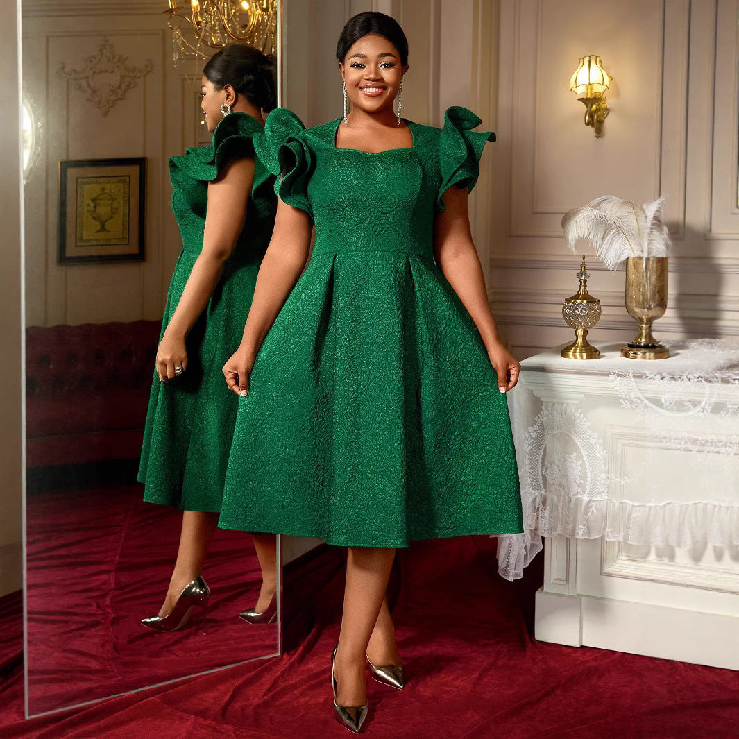 Women's Dark Green Jacquard Ruffle-Sleeve A-Line Evening Dress (Plus Size)