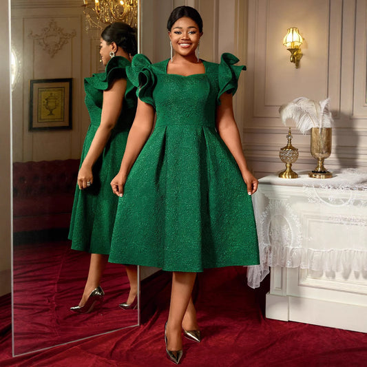 Women's Dark Green Jacquard Ruffle-Sleeve A-Line Evening Dress (Plus Size)