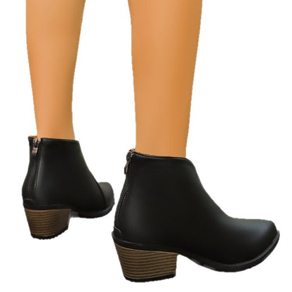 Women's Pointed Toe Ankle Boots - Chunky Heel Boots with Back Zipper