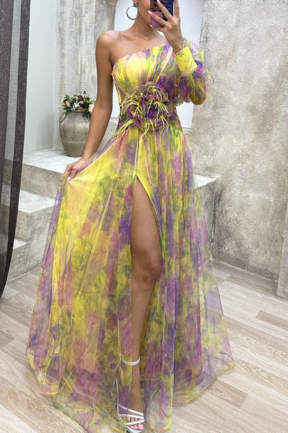 Women's Mesh Tie-Dye Printed Off-Shoulder Slit Maxi Dress - Summer Party Dress