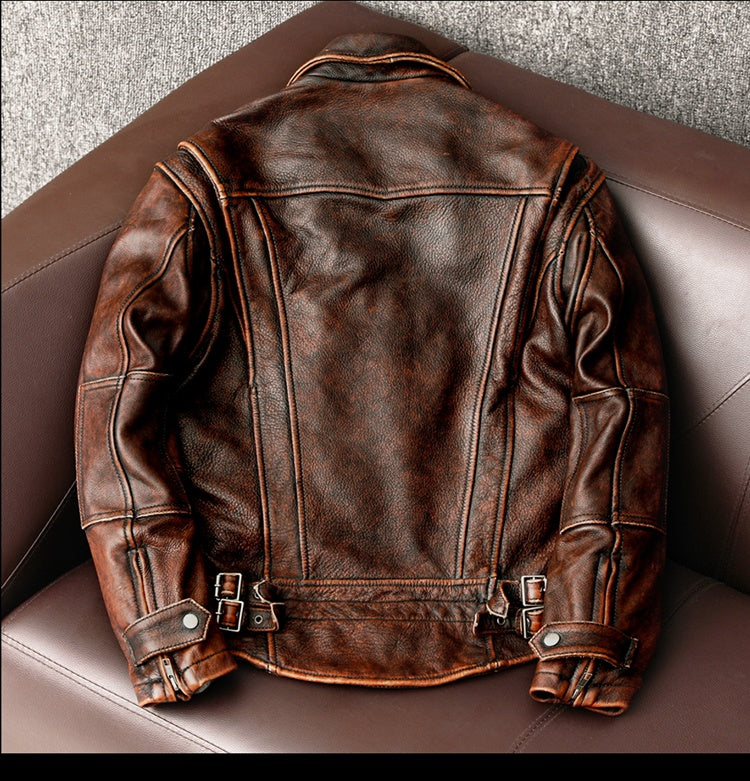 Men's Distressed Motorcycle Jacket - Stone Washed Short Coat
