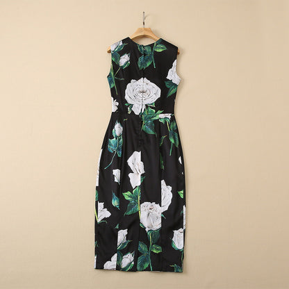 Women's Rose Print Silk Sleeveless Dress - 100% Silkworm Silk Summer Dress with Round Neckline