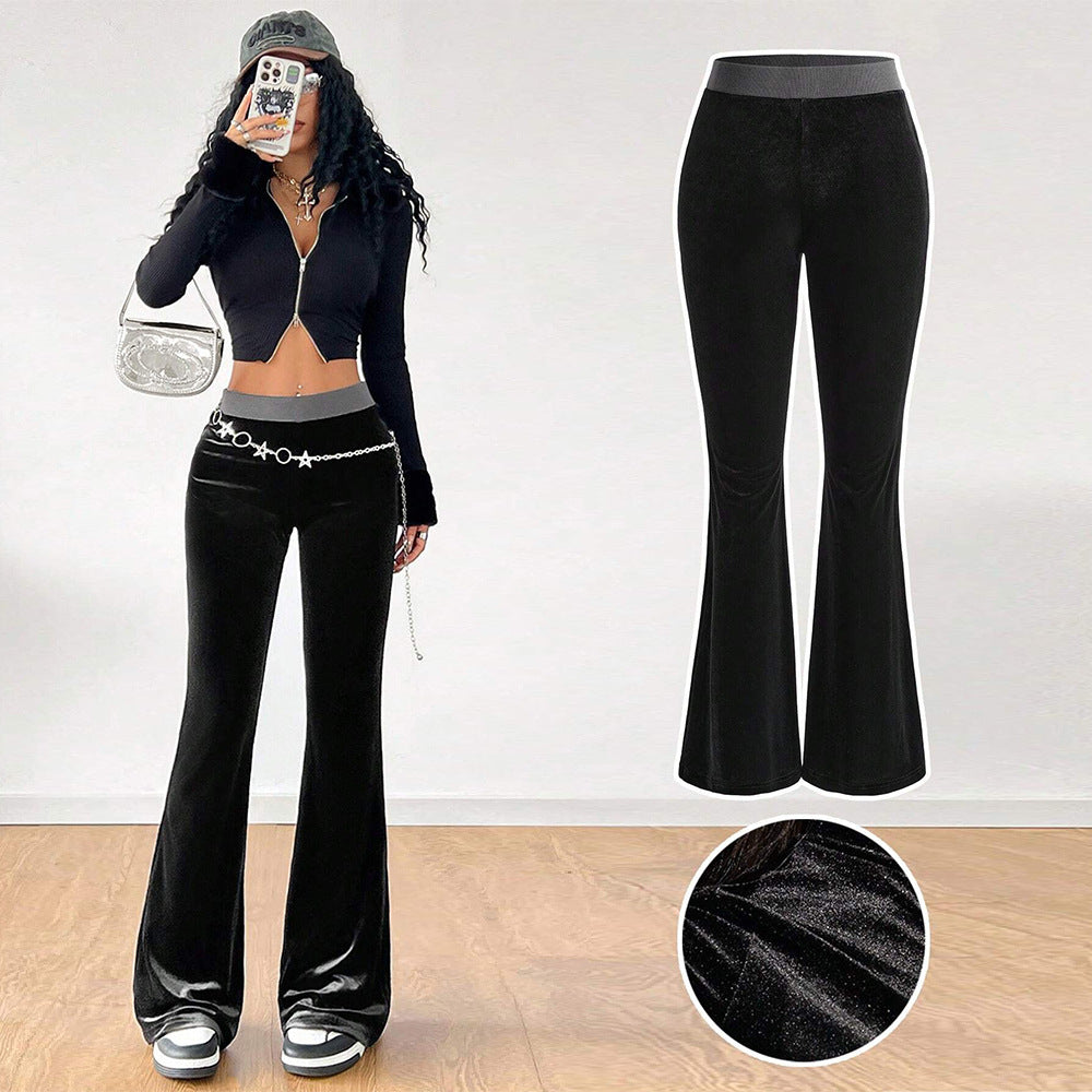 Women's Velvet Wide Leg Casual Pants - High Waist Elastic Waist Trousers