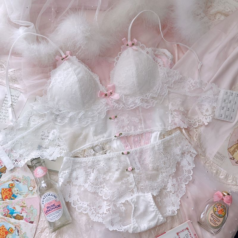 White Lace French Bralette Set - Wireless Comfort Bra