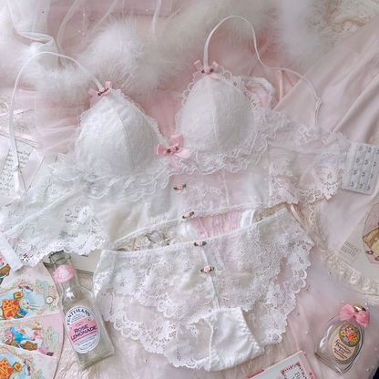 White Lace French Bralette Set - Wireless Comfort Bra