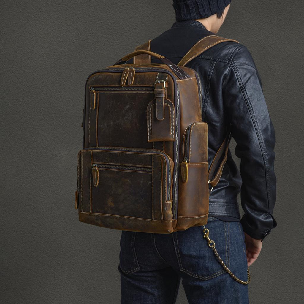 Men's First Layer Cowhide Leather Backpack - European American Retro Style with Laptop Compartment
