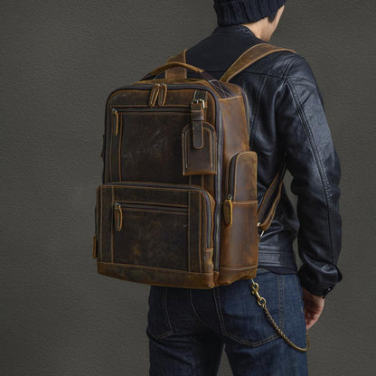Men's First Layer Cowhide Leather Backpack - European American Retro Style with Laptop Compartment