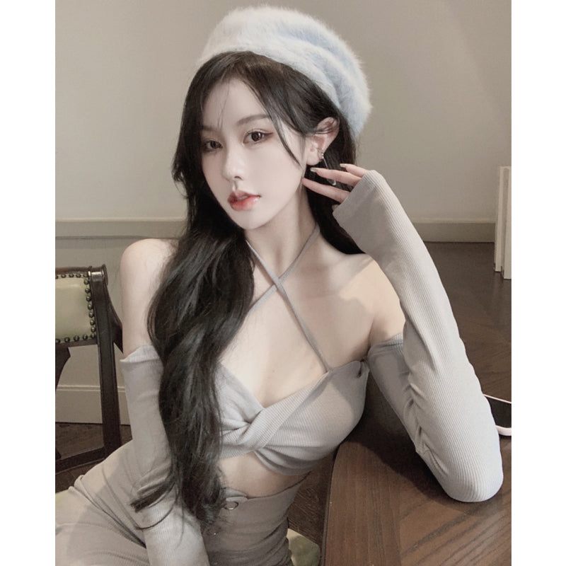 Women's Sling Top and Skirt Knitted Two-Piece Set - Slim Fit Autumn Outfit