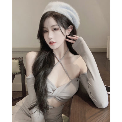 Women's Sling Top and Skirt Knitted Two-Piece Set - Slim Fit Autumn Outfit