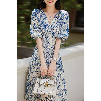 Chinese Style Heavyweight Silk Dress - Blue and White Porcelain Pattern