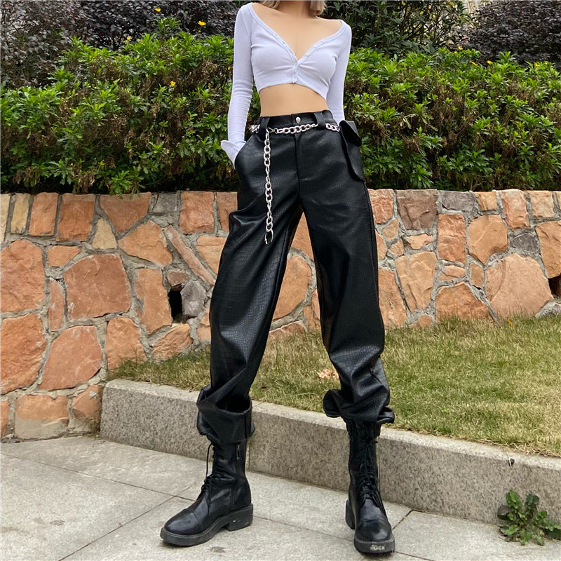 Black Textured Faux Leather Overalls - Urban Casual Pants for Women
