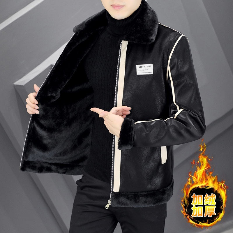 Men's Warm Suede Leather Coat - Velvet Lined Cotton Padded Jacket with Fur Collar