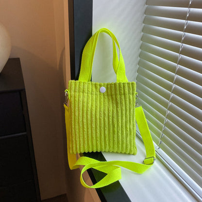 Corduroy Bucket Bag - Solid Color Crossbody Shoulder Bag with 3D Pocket