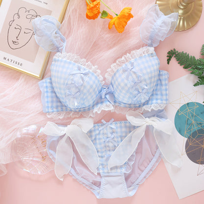 Women's Plaid Gathered Bra and Panty Set - Lace Trim Convertible Design