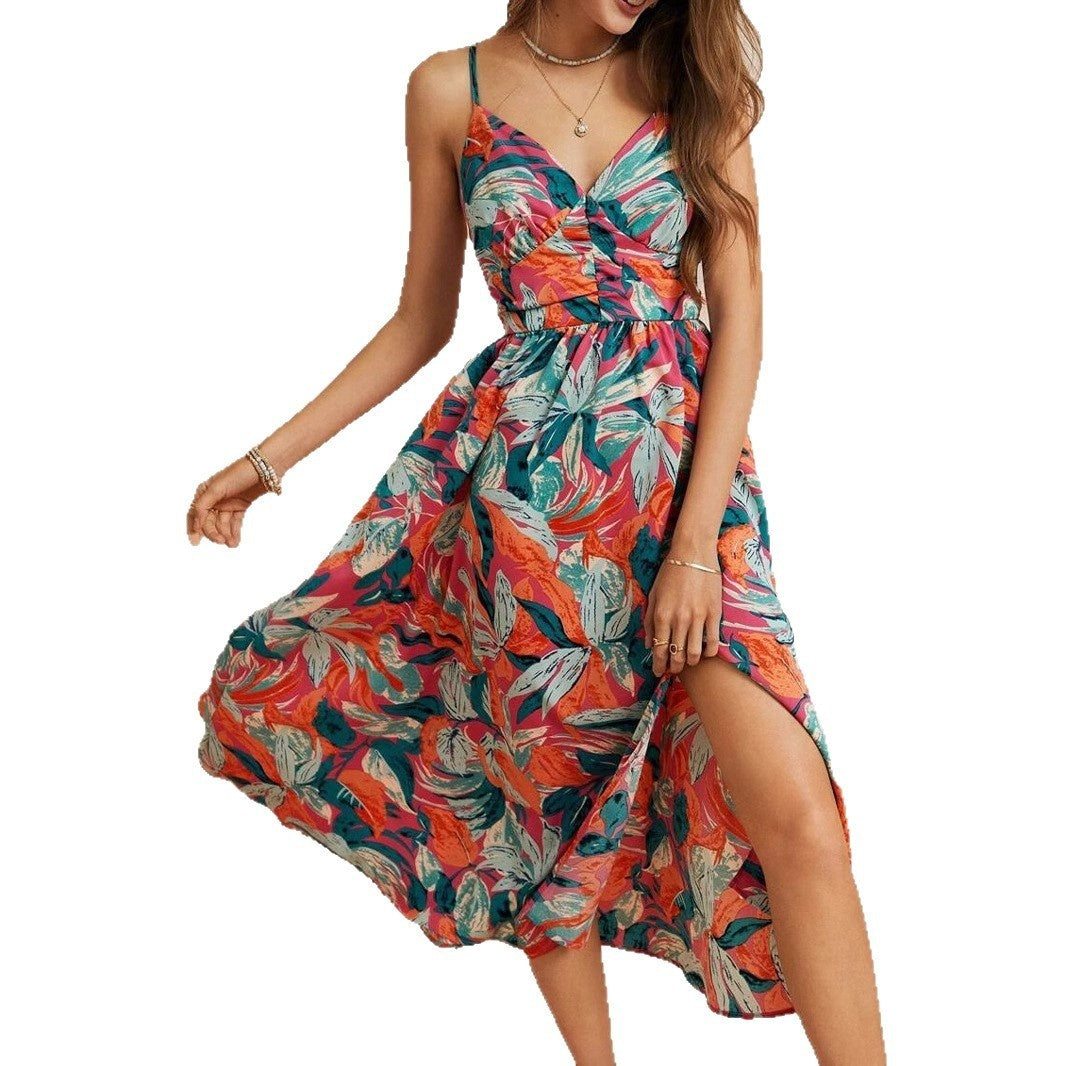 Women's Tropical Print High-Waist Maxi Dress - Long Sleeve A-Line Dress