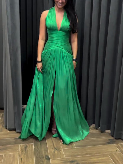 Women's Emerald Green Plunge-Neck Pleated Maxi Gown with Side Slit