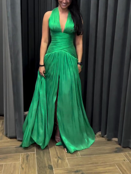 Women's Emerald Green Plunge-Neck Pleated Maxi Gown with Side Slit