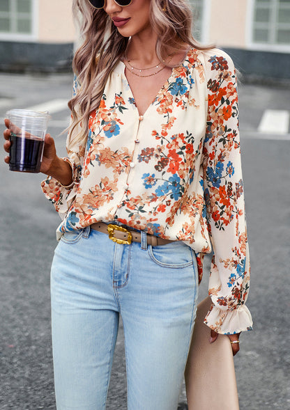Women's Floral Print V-Neck Chiffon Blouse - Long Sleeve Casual Top