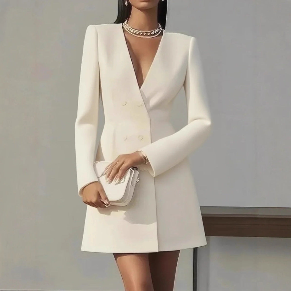 Women's V-Neck Button-Front Dress - Elegant Commuter Style