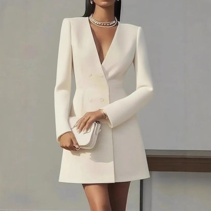 Women's V-Neck Button-Front Dress - Elegant Commuter Style