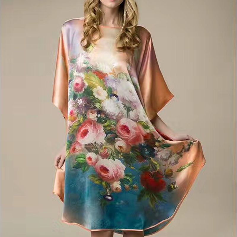 Women's Luxe Silk Bat Sleeve Nightdress - 100% Mulberry Silk Loose Fit Pajama Dress with Inkjet Prints