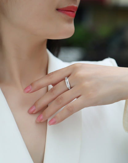 Square Moissanite Sterling Silver Ring Set - Platinum Plated Wedding Band