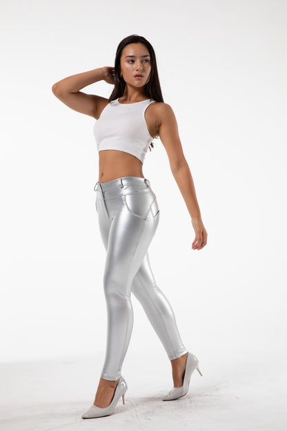White Fleece-Lined PU Leather Fitness Pants - High-Waist Pencil Leggings