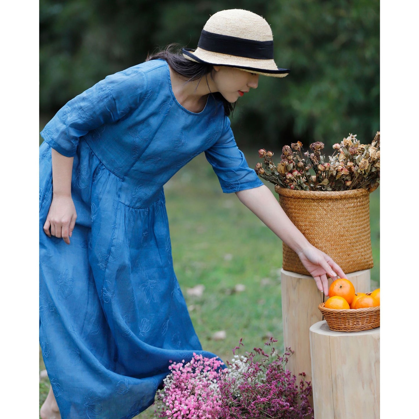 Women's Literary Travel Loose Linen Dress - Embroidered Cotton Linen Summer Dress
