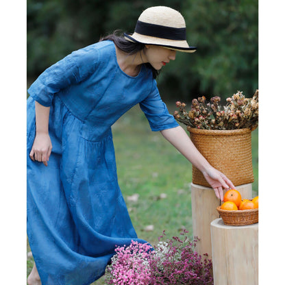 Women's Literary Travel Loose Linen Dress - Embroidered Cotton Linen Summer Dress