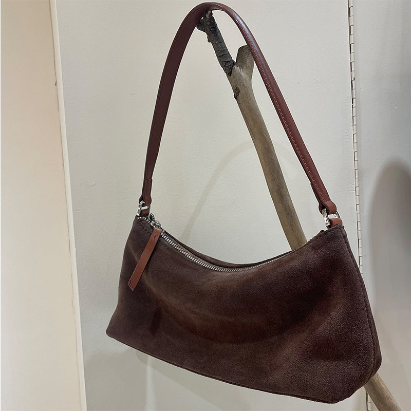 Suede Underarm Baguette Bag - Retro Matte Top-Grain Leather Shoulder Handbag